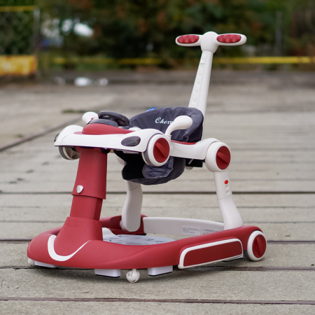 Premergator Kinderplay Walker 5 in 1 pentru copii 6-18 luni, balansoar, jumper, maner parental, parasolar, volan, lumini si muzica, reglabil si pliabil, rosu [8]