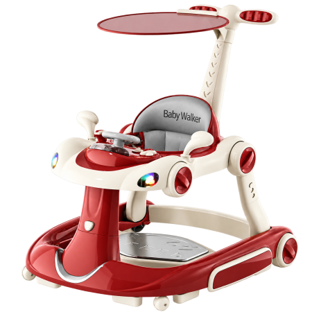 Premergatoare - Premergator Kinderplay Walker 5 in 1 pentru copii 6-18 luni, balansoar, jumper, maner parental, parasolar, volan, lumini si muzica, reglabil si pliabil, rosu