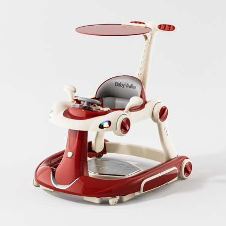 Premergator Kinderplay Walker 5 in 1 pentru copii 6-18 luni, balansoar, jumper, maner parental, parasolar, volan, lumini si muzica, reglabil si pliabil, rosu [20]
