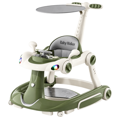 Premergator Kinderplay Walker 5 in 1 pentru copii 6-18 luni, balansoar, jumper, maner parental, parasolar, volan, lumini si muzica, reglabil si pliabil, verde [0]