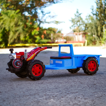 Tractoras electric cu remorca Kinderplay, pentru copii 3-6 ani, 70W 12V, telecomanda, scaun tapitat, albastru [7]