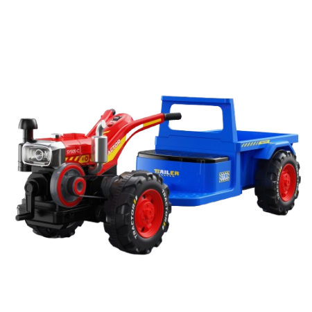 Vehicule electrice copii - Tractoras electric cu remorca Kinderplay, pentru copii 3-6 ani, 70W 12V, telecomanda, scaun tapitat, albastru