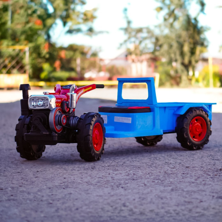 Tractoras electric cu remorca Kinderplay, pentru copii 3-6 ani, 70W 12V, telecomanda, scaun tapitat, albastru [2]