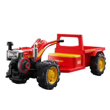 Vehicule electrice copii - Tractoras electric cu remorca Kinderplay, pentru copii 3-6 ani, 70W 12V, telecomanda, scaun tapitat, rosu