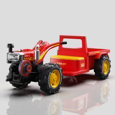 Tractoras electric cu remorca Kinderplay, pentru copii 3-6 ani, 70W 12V, telecomanda, scaun tapitat, rosu [1]