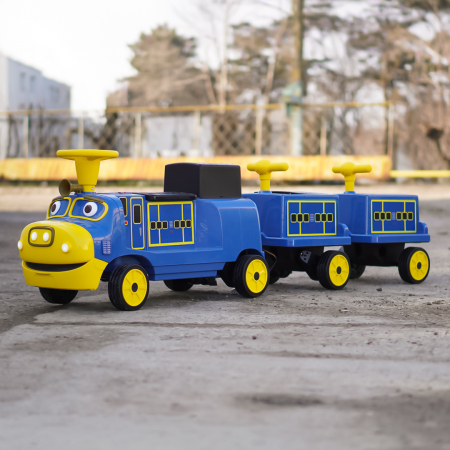 Trenulet electric CHUGGINGTON cu 2 vagoane extra, pentru 4 copii, 180W, 12V 7Ah roti moi, albastru [1]