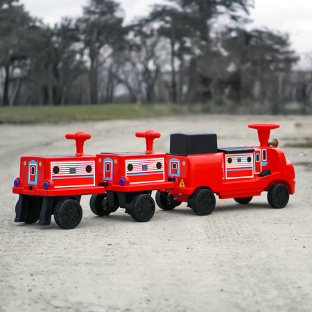 Trenulet electric CHUGGINGTON cu 2 vagoane extra, pentru 4 copii, 180W, 12V 7Ah roti moi, rosu [4]