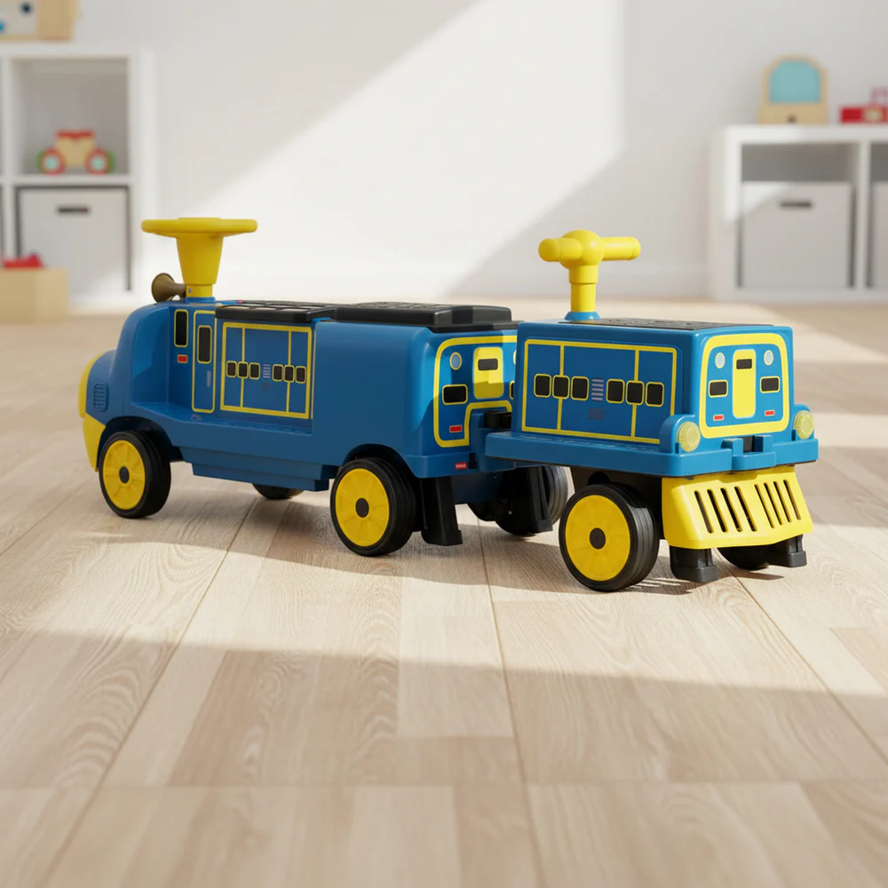 Trenulet electric CHUGGINGTON cu 2 vagoane extra, pentru 4 copii, 180W, 12V 7Ah roti moi, albastru [6]