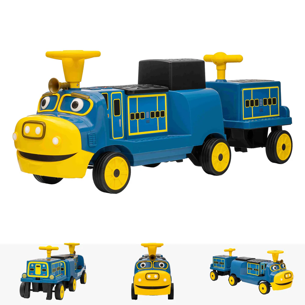 Trenulet electric CHUGGINGTON cu 2 vagoane extra, pentru 4 copii, 180W, 12V 7Ah roti moi, albastru [12]