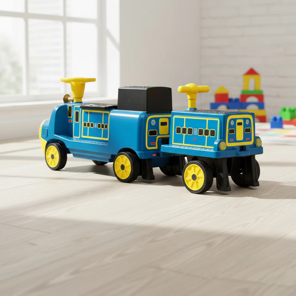 Trenulet electric CHUGGINGTON cu 2 vagoane extra, pentru 4 copii, 180W, 12V 7Ah roti moi, albastru [8]