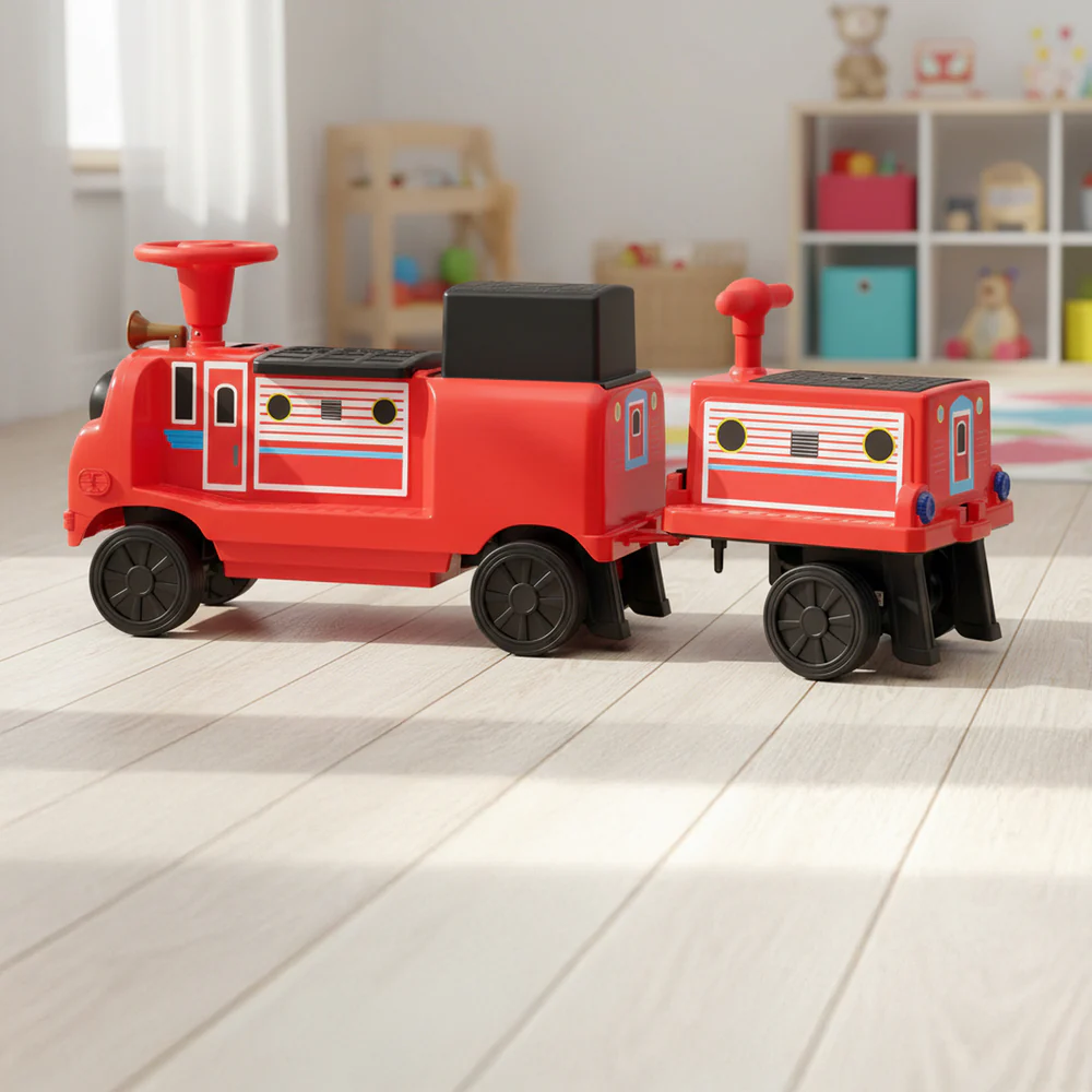 Trenulet electric CHUGGINGTON cu 2 vagoane extra, pentru 4 copii, 180W, 12V 7Ah roti moi, rosu [17]