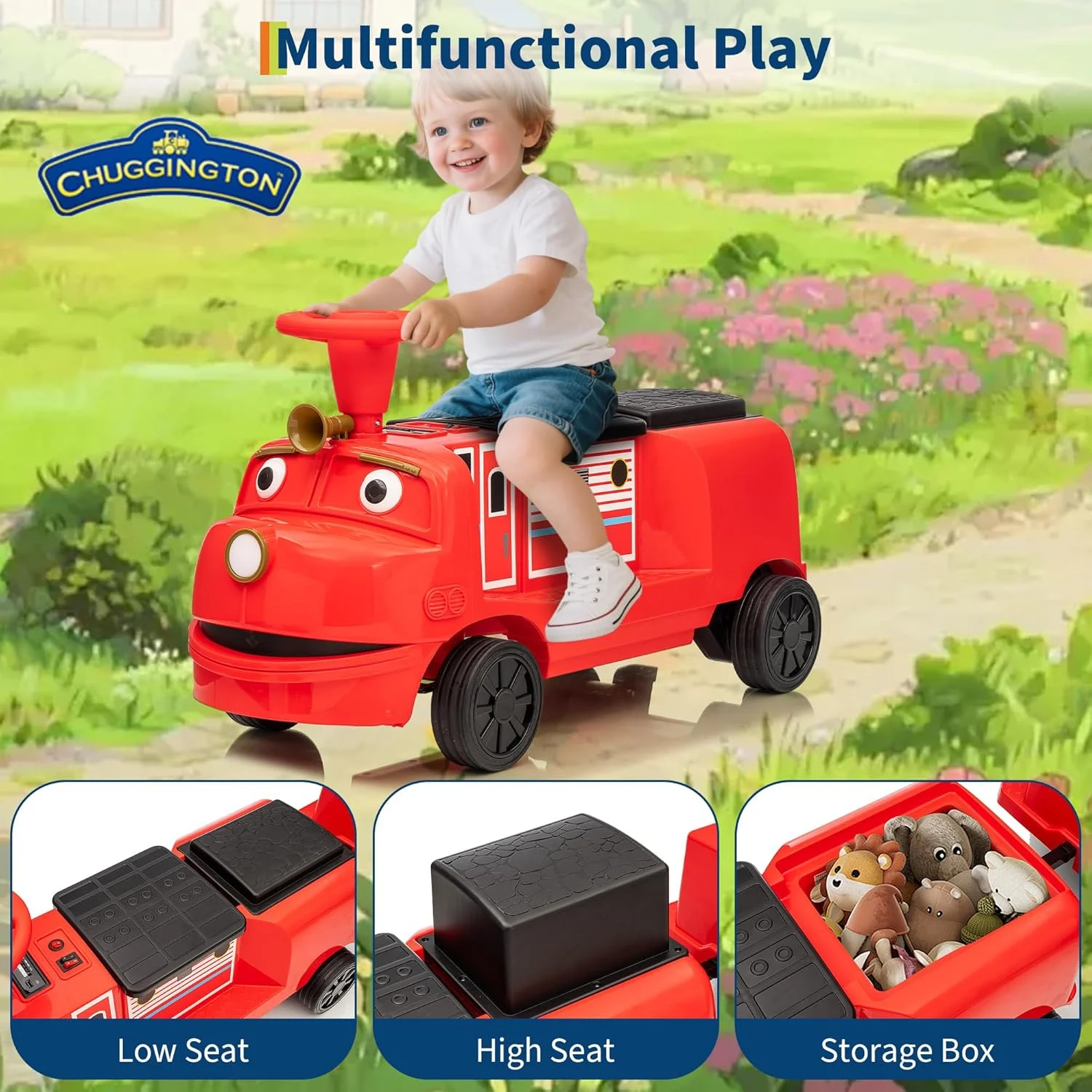 Trenulet electric pentru 2 copii 3-6 ani, CHUGGINGTON, 90W 12V, roti moi, rosu [2]
