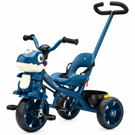 Trotinete & biciclete - Tricicleta cu maner Kinderplay Dino 3 in 1 copii 1-4 ani, roti EVA, pedale, centura, compartiment depozitare, albastra