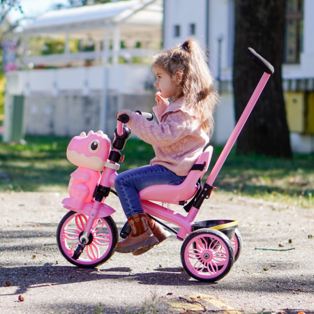 Tricicleta cu maner Kinderplay Dino 3 in 1 copii 1-4 ani, roti EVA, pedale, centura, compartiment depozitare, roz [3]