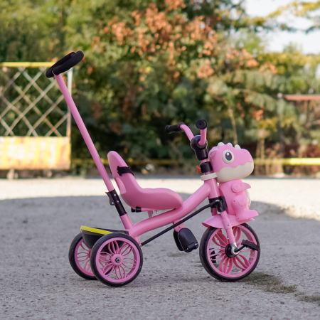 Tricicleta cu maner Kinderplay Dino 3 in 1 copii 1-4 ani, roti EVA, pedale, centura, compartiment depozitare, roz [8]
