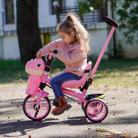 Tricicleta cu maner Kinderplay Dino 3 in 1 copii 1-4 ani, roti EVA, pedale, centura, compartiment depozitare, roz [1]