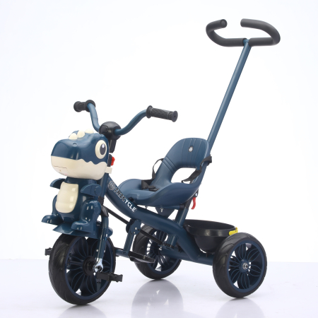 Trotinete & biciclete - Tricicleta cu maner Kinderplay Dino 3 in 1 copii 1-4 ani, roti EVA, pedale, centura, compartiment depozitare, albastra