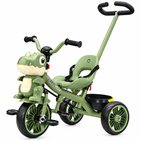 Trotinete & biciclete - Tricicleta cu maner Kinderplay Dino 3 in 1 copii 1-4 ani, roti EVA, pedale, centura, compartiment depozitare, verde