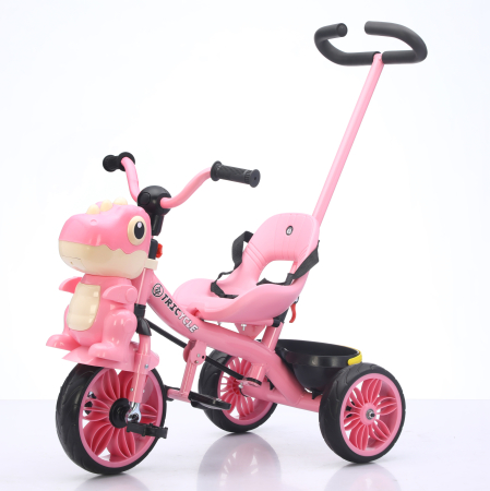 Trotinete & biciclete - Tricicleta cu maner Kinderplay Dino 3 in 1 copii 1-4 ani, roti EVA, pedale, centura, compartiment depozitare, roz