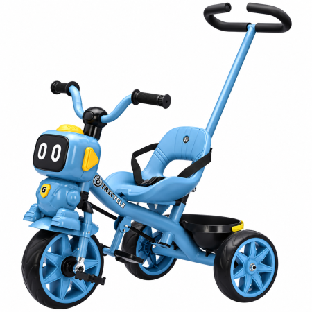 Trotinete & biciclete - Tricicleta cu maner Kinderplay GRobo 3 in 1 copii 1-4 ani, roti EVA, pedale, centura, compartiment depozitare, albastra