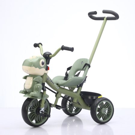 Trotinete & biciclete - Tricicleta cu maner Kinderplay Dino 3 in 1 copii 1-4 ani, roti EVA, pedale, centura, compartiment depozitare, verde
