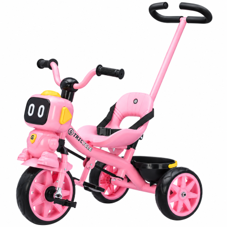 Trotinete & biciclete - Tricicleta cu maner Kinderplay GRobo 3 in 1 copii 1-4 ani, roti EVA, pedale, centura, compartiment depozitare, roz