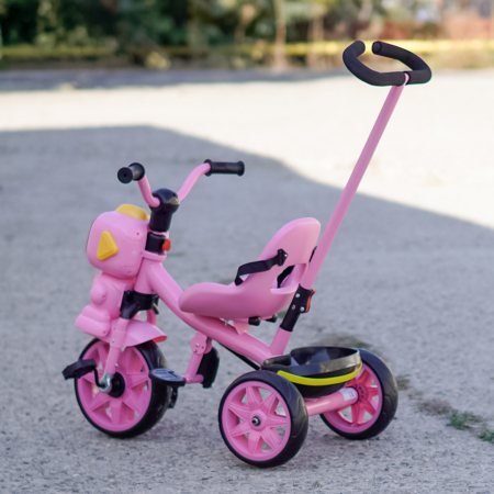 Tricicleta cu maner Kinderplay GRobo 3 in 1 copii 1-4 ani, roti EVA, pedale, centura, compartiment depozitare, roz [6]