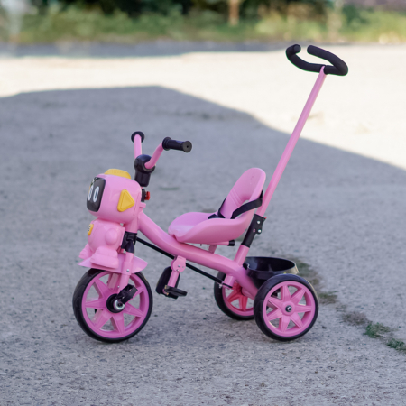 Tricicleta cu maner Kinderplay GRobo 3 in 1 copii 1-4 ani, roti EVA, pedale, centura, compartiment depozitare, roz [5]
