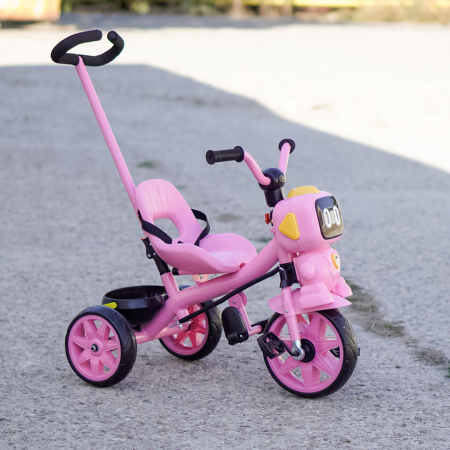 Tricicleta cu maner Kinderplay GRobo 3 in 1 copii 1-4 ani, roti EVA, pedale, centura, compartiment depozitare, roz [7]