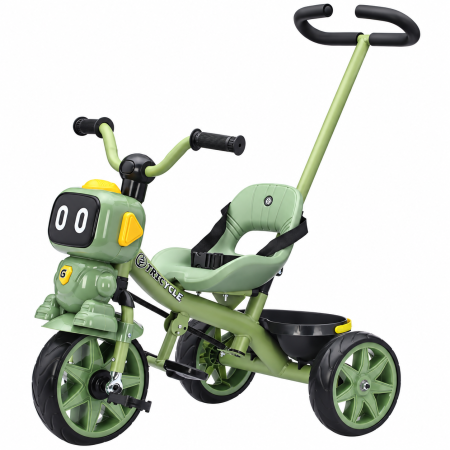 Trotinete & biciclete - Tricicleta cu maner Kinderplay GRobo 3 in 1 copii 1-4 ani, roti EVA, pedale, centura, compartiment depozitare, verde