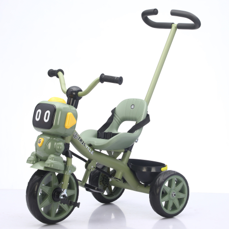 Tricicleta cu maner Kinderplay GRobo 3 in 1 copii 1-4 ani, roti EVA, pedale, centura, compartiment depozitare, verde [1]