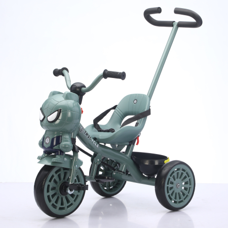 Tricicleta cu maner Kinderplay Spider 3 in 1 pentru copii, roti EVA, pedale, centura, compartiment depozitare, verde [1]