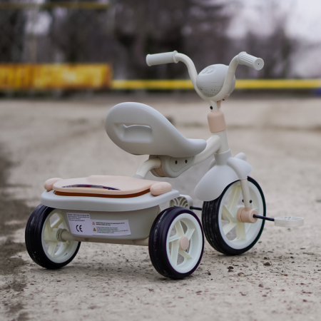 Tricicleta cu pedale Kinderplay Baby Flyer, pentru copii 2-4 ani, roti moi EVA, pliabila, bej [6]