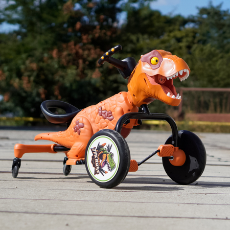 Tricicleta cu pedale Kinderplay T-Rex drift 360, pentru copii 3-6 ani, lumini LED, scaun ergonomic, galbena [1]