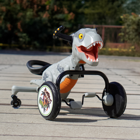 Tricicleta cu pedale Kinderplay T-Rex drift 360, pentru copii 3-6 ani, lumini LED, sunete interactive, gri [1]