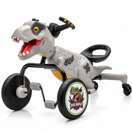 Karturi cu pedale - Tricicleta cu pedale Kinderplay T-Rex drift 360, pentru copii 3-6 ani, lumini LED, sunete interactive, gri