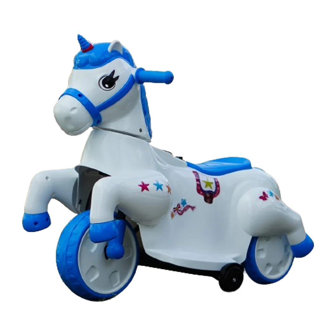Produse in stoc - Tricicleta electrica Unicorn, pentru copii intre 1 si 4 ani, roti ajutatoare, music player, efecte sonore, albastra