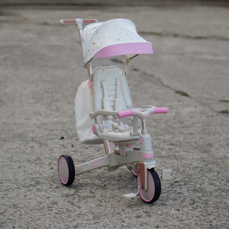 Tricicleta multifunctionala Kinderplay Baby 4-in-1, pentru copii de la 1 la 3 ani, pliabila si reglabila, roti moi, centura de siguranta, maner detasabil, roz [9]