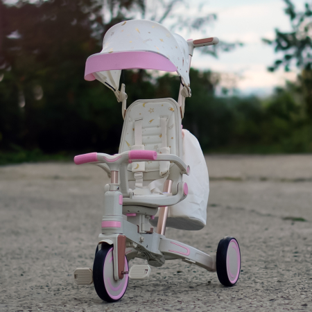 Tricicleta multifunctionala Kinderplay Baby 4-in-1, pentru copii de la 1 la 3 ani, pliabila si reglabila, roti moi, centura de siguranta, maner detasabil, roz [2]