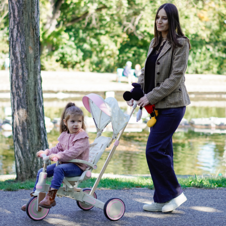 Tricicleta multifunctionala Kinderplay Baby 4-in-1, pentru copii de la 1 la 3 ani, pliabila si reglabila, roti moi, centura de siguranta, maner detasabil, roz [1]