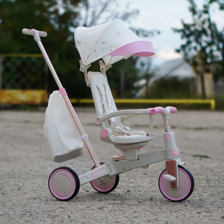 Tricicleta multifunctionala Kinderplay Baby 4-in-1, pentru copii de la 1 la 3 ani, pliabila si reglabila, roti moi, centura de siguranta, maner detasabil, roz [8]