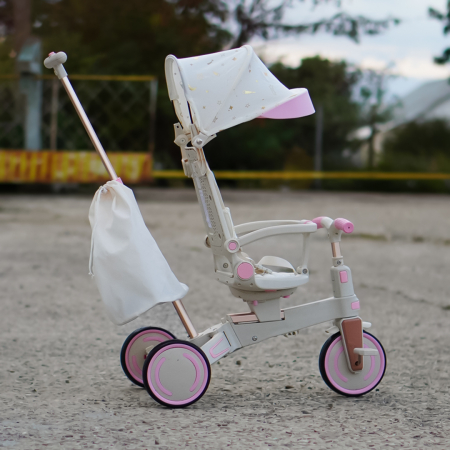 Tricicleta multifunctionala Kinderplay Baby 4-in-1, pentru copii de la 1 la 3 ani, pliabila si reglabila, roti moi, centura de siguranta, maner detasabil, roz [7]