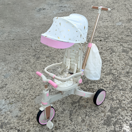 Tricicleta multifunctionala Kinderplay Baby 4-in-1, pentru copii de la 1 la 3 ani, pliabila si reglabila, roti moi, centura de siguranta, maner detasabil, roz [12]