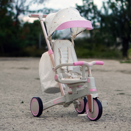 Tricicleta multifunctionala Kinderplay Baby 4-in-1, pentru copii de la 1 la 3 ani, pliabila si reglabila, roti moi, centura de siguranta, maner detasabil, roz [1]