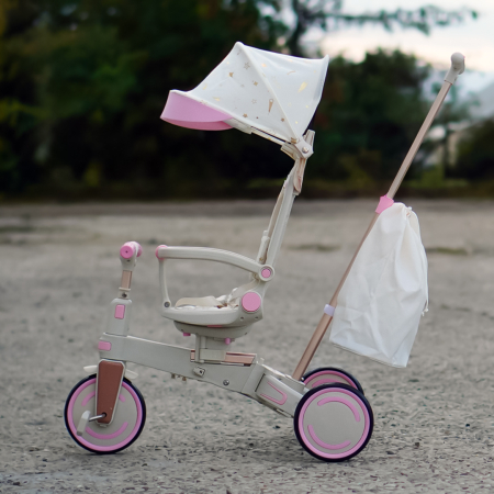 Tricicleta multifunctionala Kinderplay Baby 4-in-1, pentru copii de la 1 la 3 ani, pliabila si reglabila, roti moi, centura de siguranta, maner detasabil, roz [4]