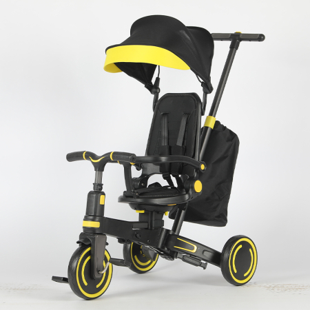 Tricicleta multifunctionala Kinderplay Baby 4-in-1, pentru copii de la 1 la 3 ani, pliabila si reglabila, roti moi, centura de siguranta, maner detasabil, galben [2]