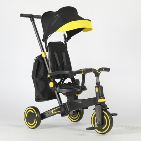 Tricicleta multifunctionala Kinderplay Baby 4-in-1, pentru copii de la 1 la 3 ani, pliabila si reglabila, roti moi, centura de siguranta, maner detasabil, galben [3]