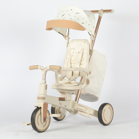 Tricicleta multifunctionala Kinderplay Baby 4-in-1, pentru copii de la 1 la 3 ani, pliabila si reglabila, roti moi, centura de siguranta, maner detasabil, alba [5]