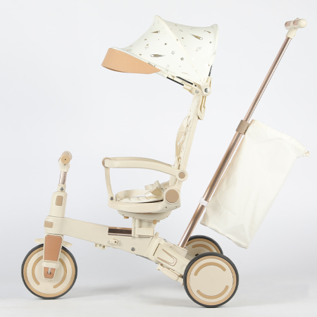 Tricicleta multifunctionala Kinderplay Baby 4-in-1, pentru copii de la 1 la 3 ani, pliabila si reglabila, roti moi, centura de siguranta, maner detasabil, alba [4]