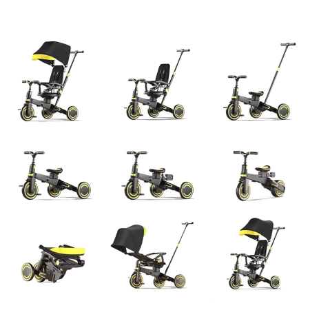 Tricicleta multifunctionala Kinderplay Baby 4-in-1, pentru copii de la 1 la 3 ani, pliabila si reglabila, roti moi, centura de siguranta, maner detasabil, galben [6]